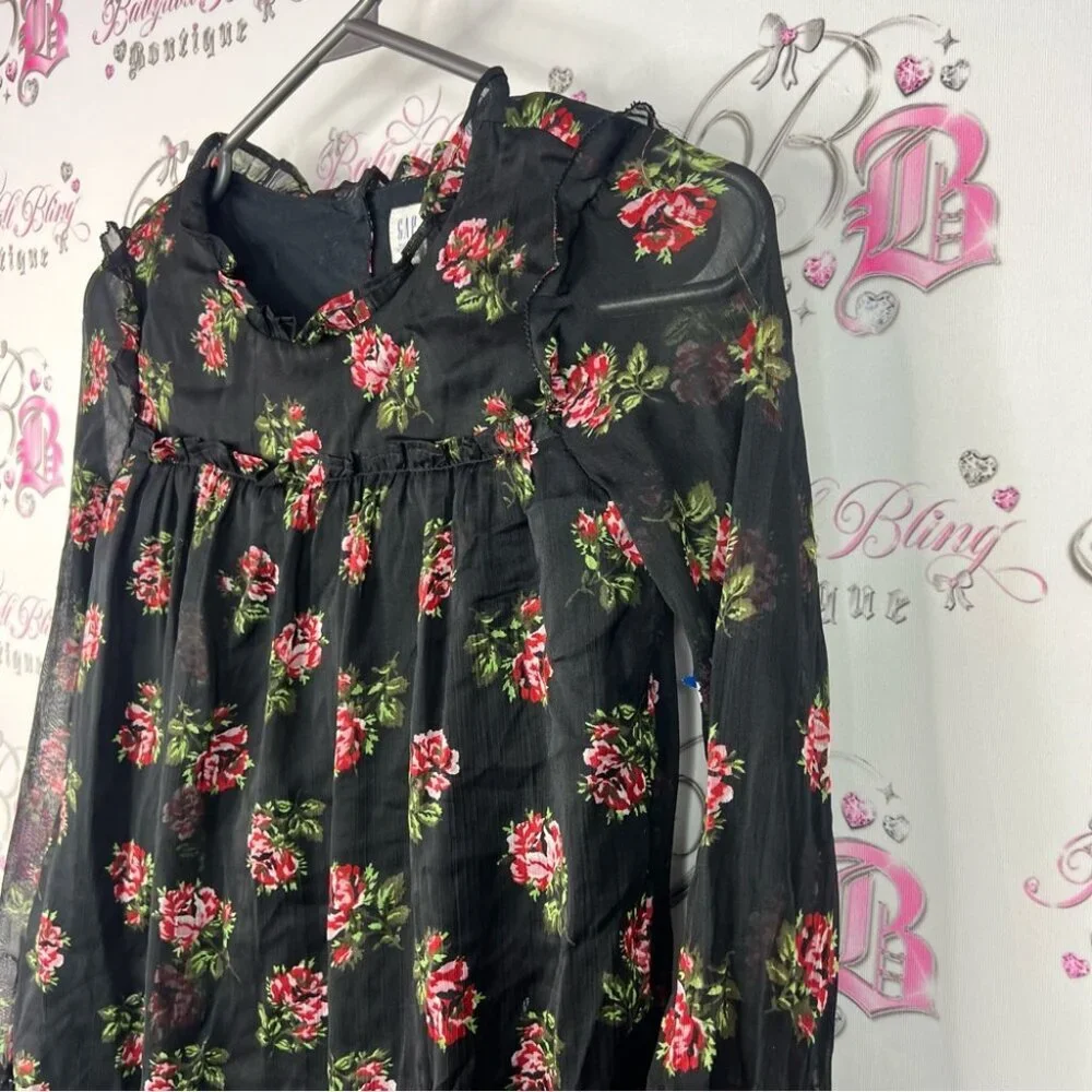 GAP dress roses flowers ruffle bubble sleeve Black Floral Sheer Blouse